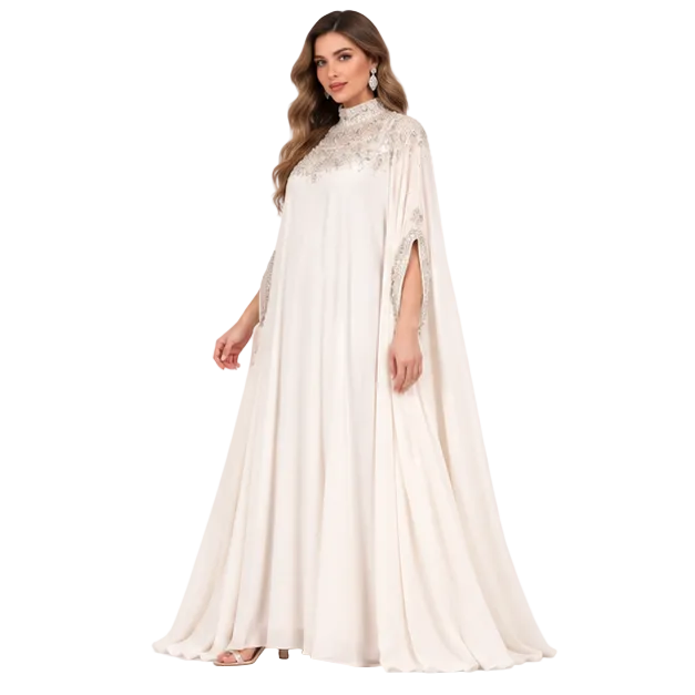 Elegant Ivory Sequin Embroidered Cape Kaftan