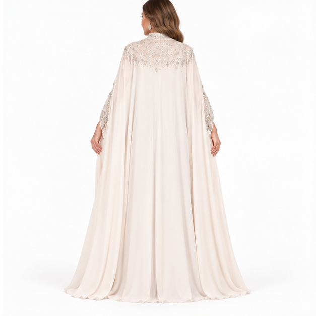 Elegant Ivory Sequin Embroidered Cape Kaftan