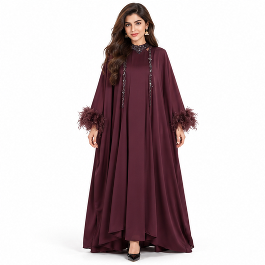 Elegant Burgundy Pakistani Kaftan Feather Dress