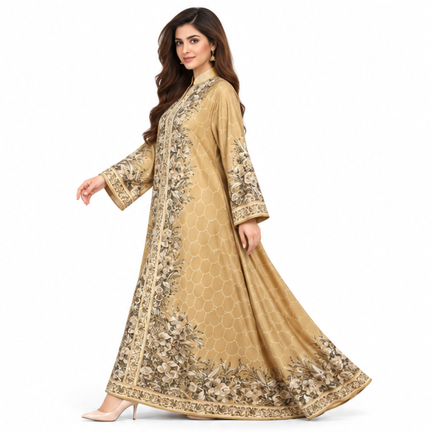Elegant Apricot Embroidered Pakistani Kaftan Dress