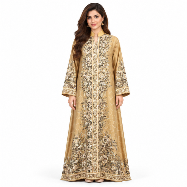Elegant Apricot Embroidered Pakistani Kaftan Dress