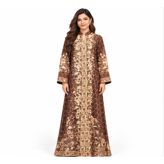 Elegant Pakistani Embroidered Brown Floral Kaftan