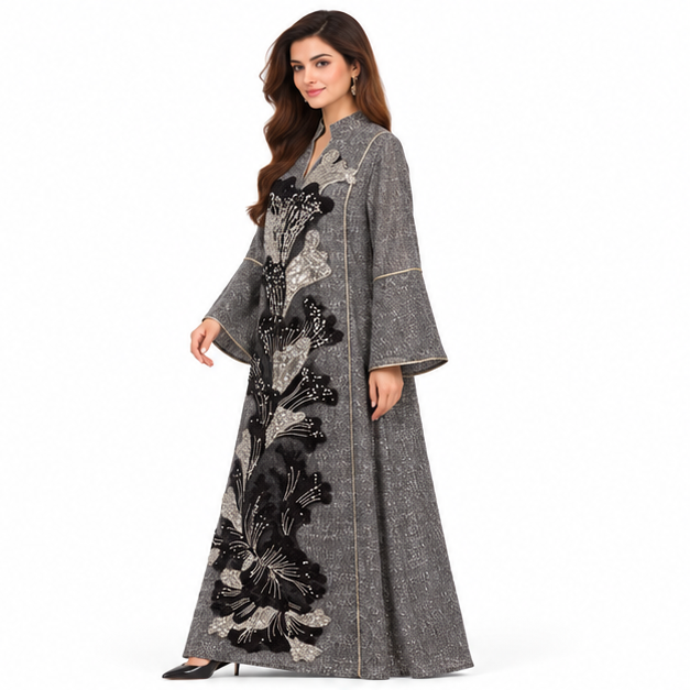 Elegant Black Floral Sequin Pakistani Kaftan