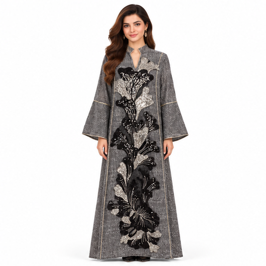 Elegant Black Floral Sequin Pakistani Kaftan