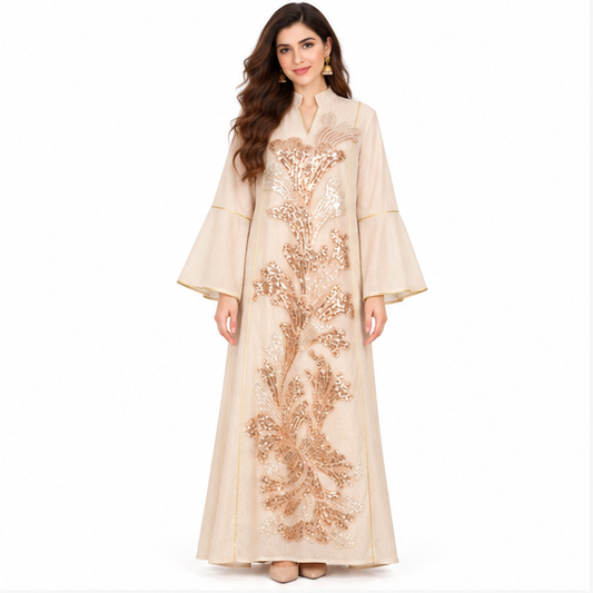 Elegant Pakistani Apricot Sequin Embroidered Kaftan