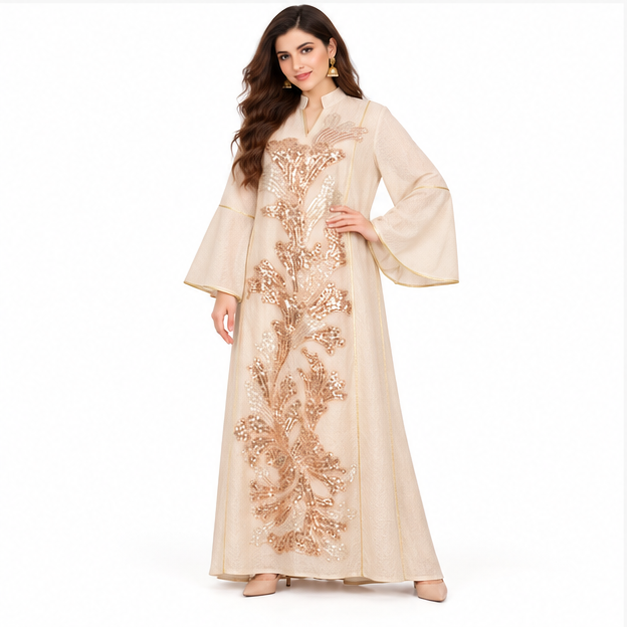 Elegant Pakistani Apricot Sequin Embroidered Kaftan