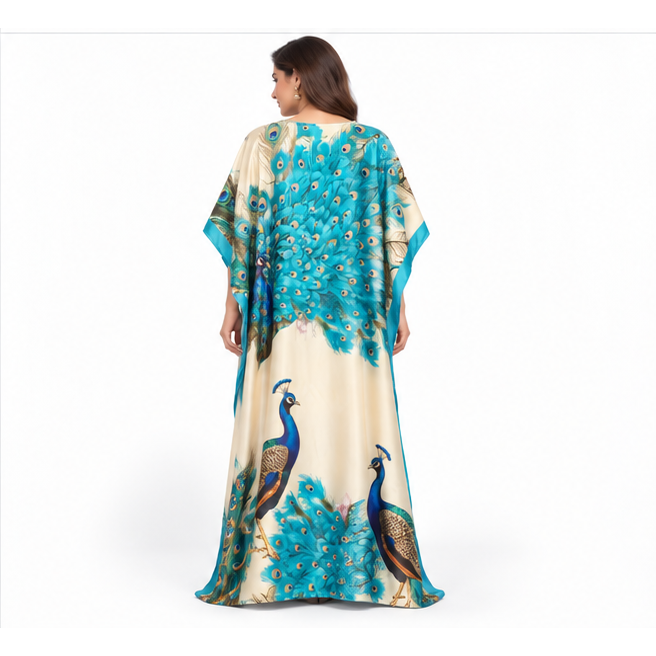 Elegant Pakistani Peacock Print Satin Kaftan