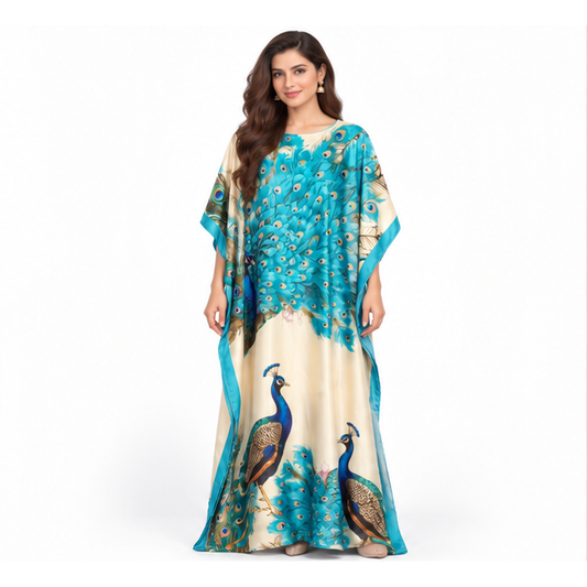 Elegant Pakistani Peacock Print Satin Kaftan