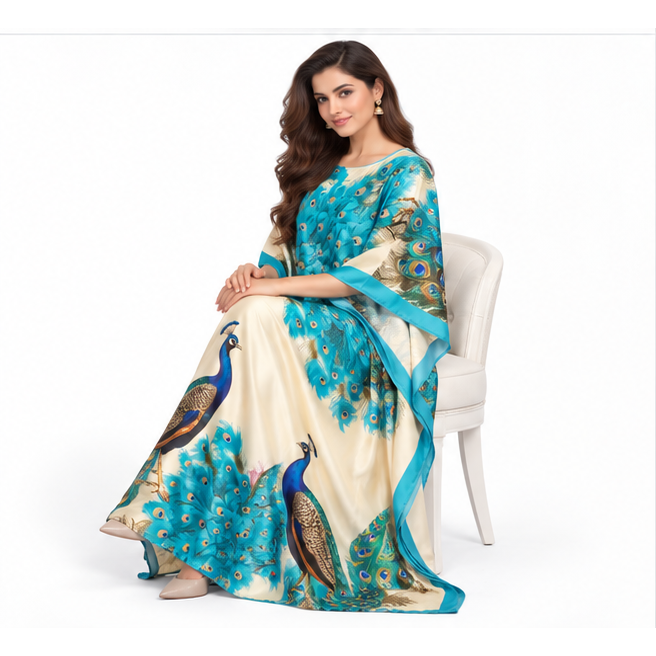 Elegant Pakistani Peacock Print Satin Kaftan