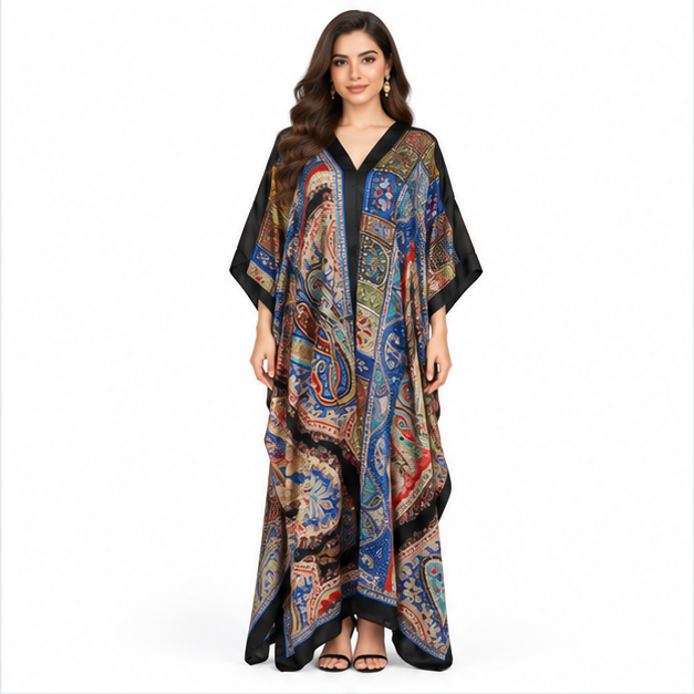 Elegant Pakistani Multicolor Paisley Print Kaftan