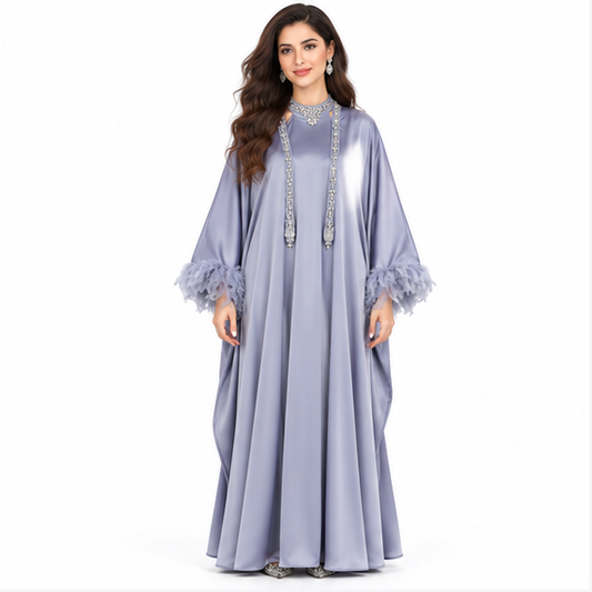 Lavender Grey Satin Feather Pakistani Kaftan