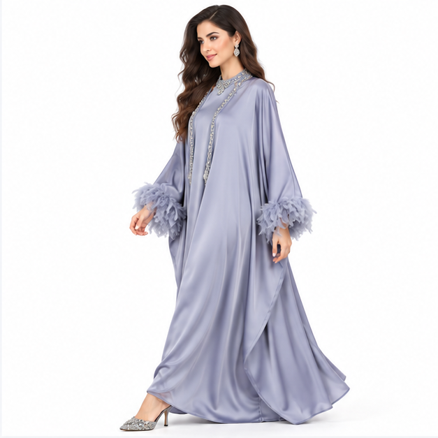 Lavender Grey Satin Feather Pakistani Kaftan