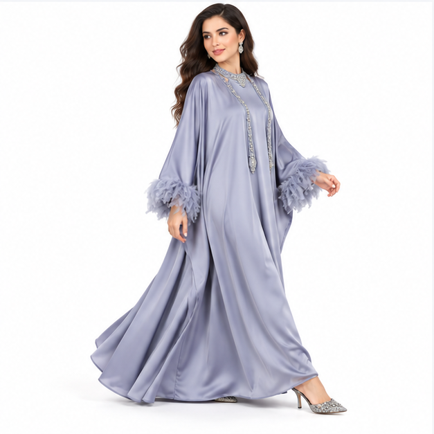 Lavender Grey Satin Feather Pakistani Kaftan