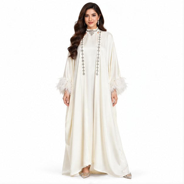 Elegant White Feather Pakistani Kaftan Dress