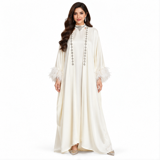 Elegant White Feather Pakistani Kaftan Dress