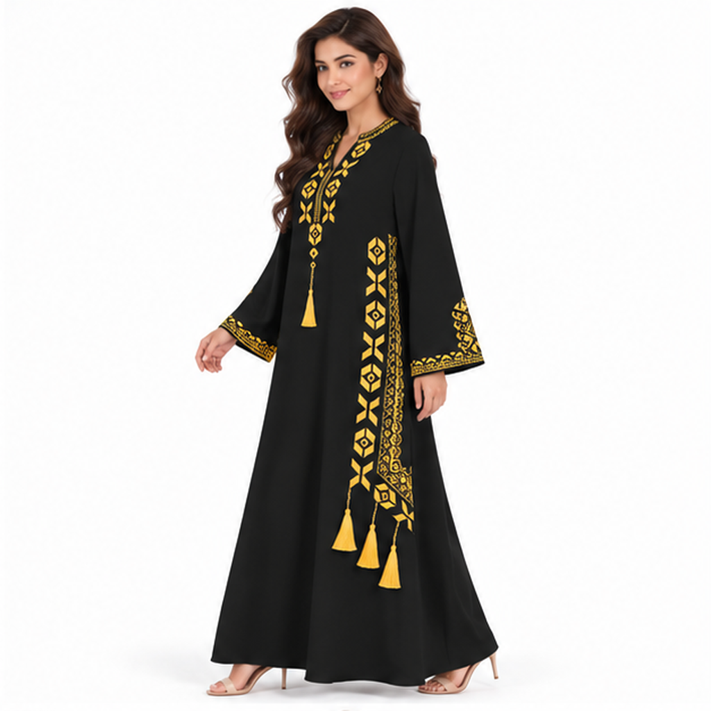 Elegant Black Embroidered Pakistani Kaftan Dress