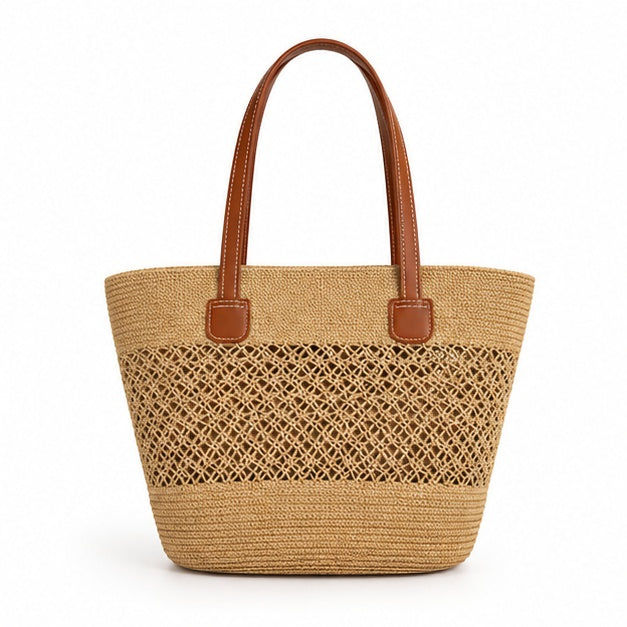 Natural Woven Raffia Leather Handbag