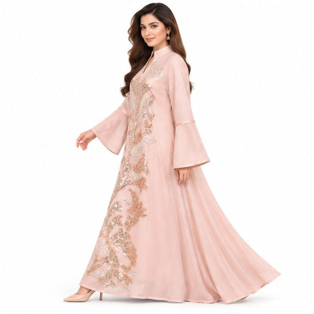 Elegant Blush Pink Pakistani Sequin Kaftan