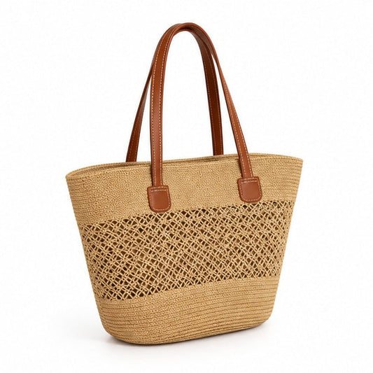 Natural Woven Raffia Leather Handbag