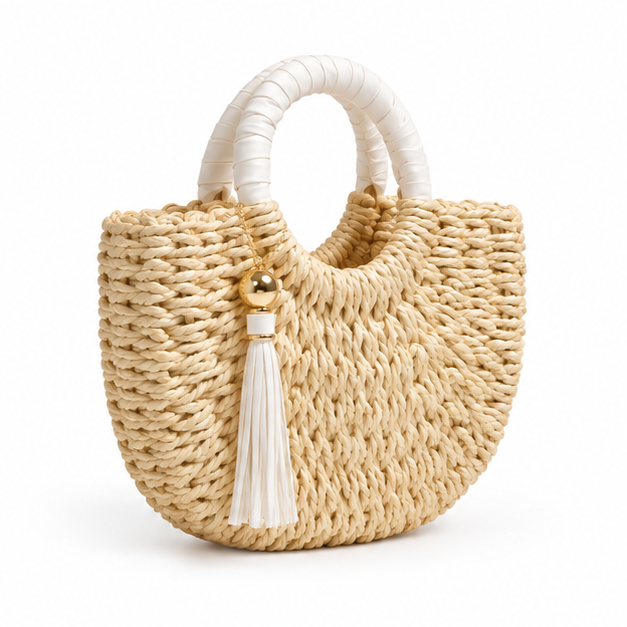 Natural Woven Raffia Round Handle Handbag