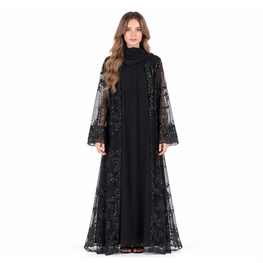 Elegant Black Floral Embroidered Sequin Kaftan