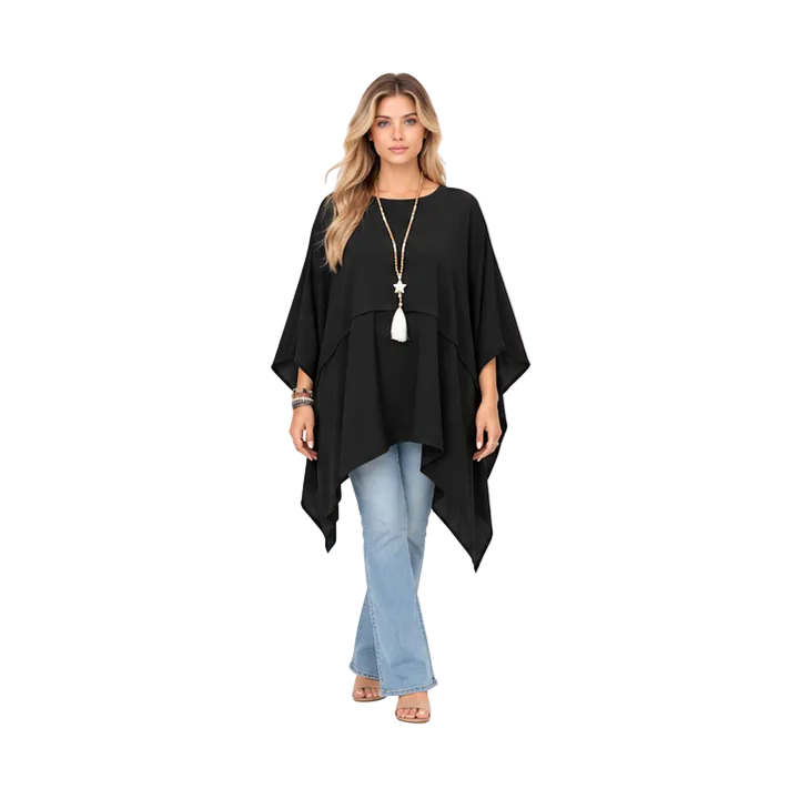 Elegant Black Asymmetrical Flowy Kaftan Top