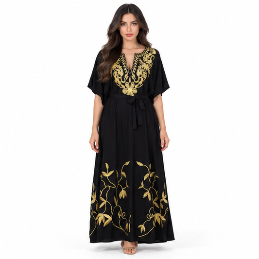 Black Kaftan With Elegant Gold Embroidery
