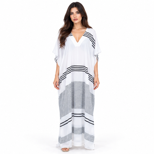 White Kaftan With Black Striped Design