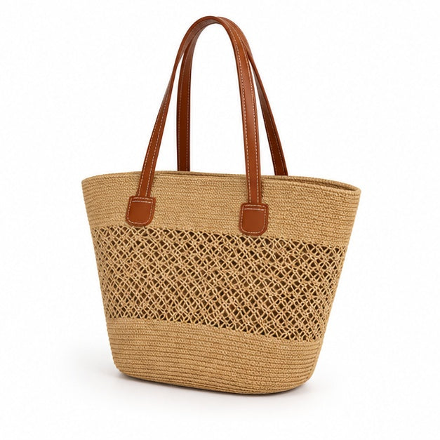 Natural Woven Raffia Leather Handbag
