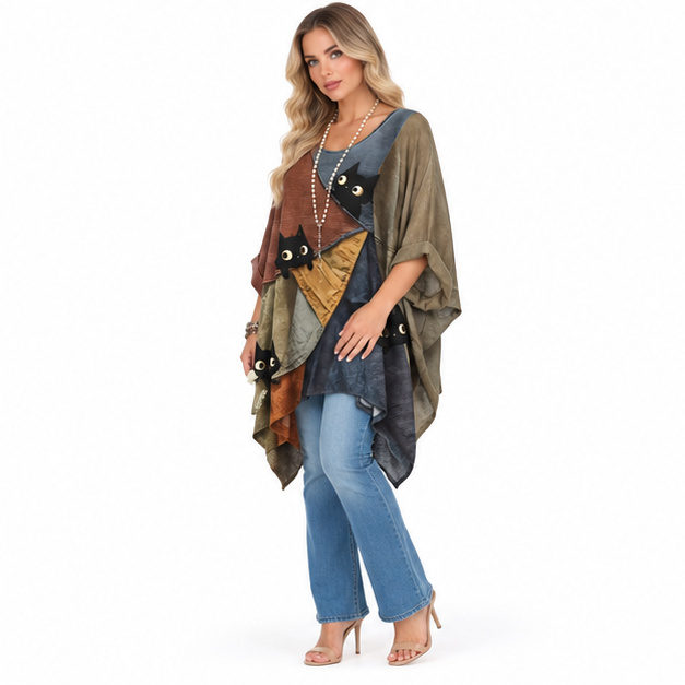 Artistic Multicolor Cat Print Kaftan Top