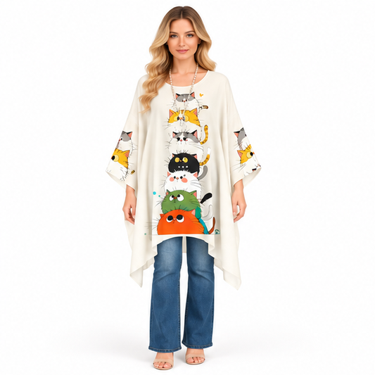 Cute Cat Print Flowy Kaftan Top