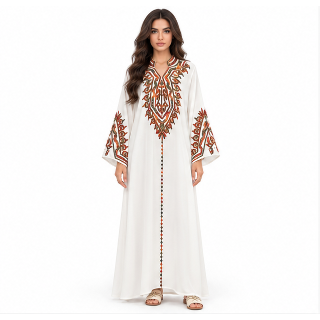 White Kaftan Elegant Embroidered Maxi Dress