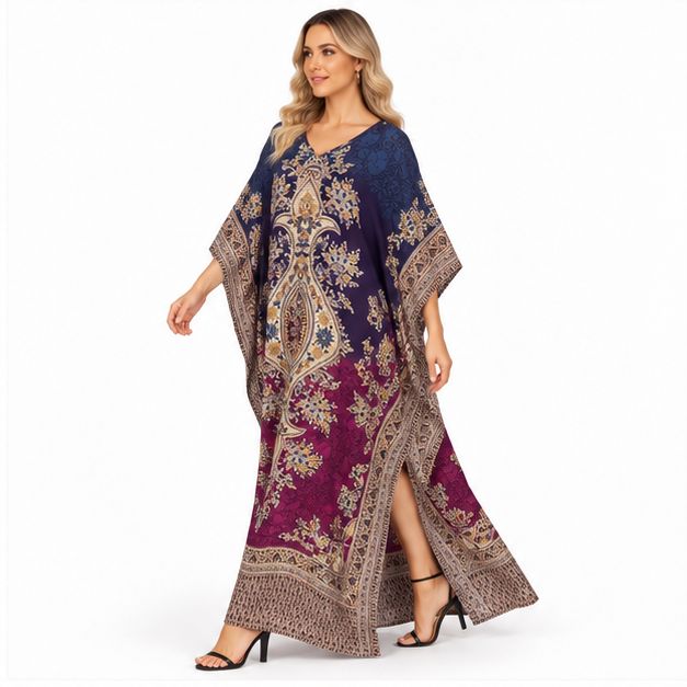 Elegant Navy Purple Paisley Modern Kaftan