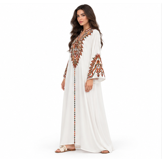 White Kaftan Elegant Embroidered Maxi Dress