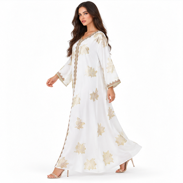 White Kaftan With Elegant Gold Embroidery