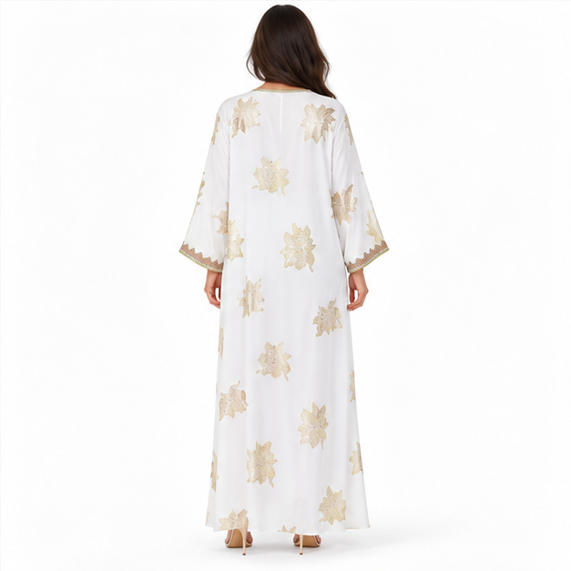 White Kaftan With Elegant Gold Embroidery