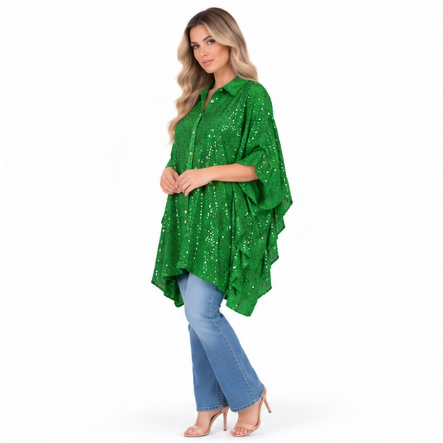 Elegant Emerald Green Sequin Kaftan Top