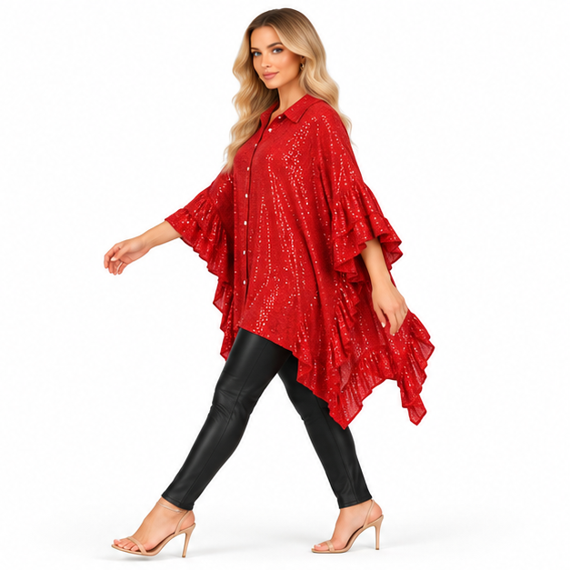 Elegant Red Sequin Ruffle Kaftan Top