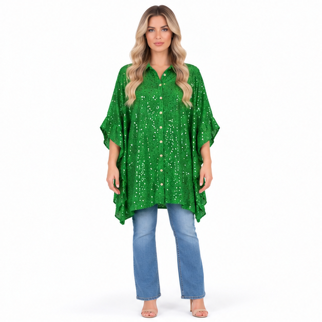 Elegant Emerald Green Sequin Kaftan Top