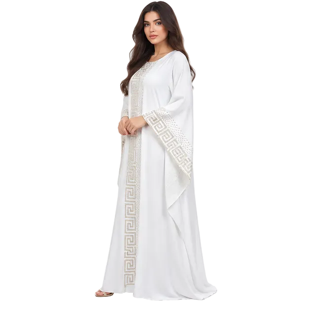 White Kaftan With Elegant Geometric Embroidery