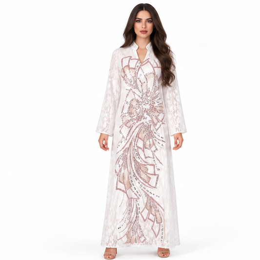 White Kaftan With Elegant Sequin Embroidery