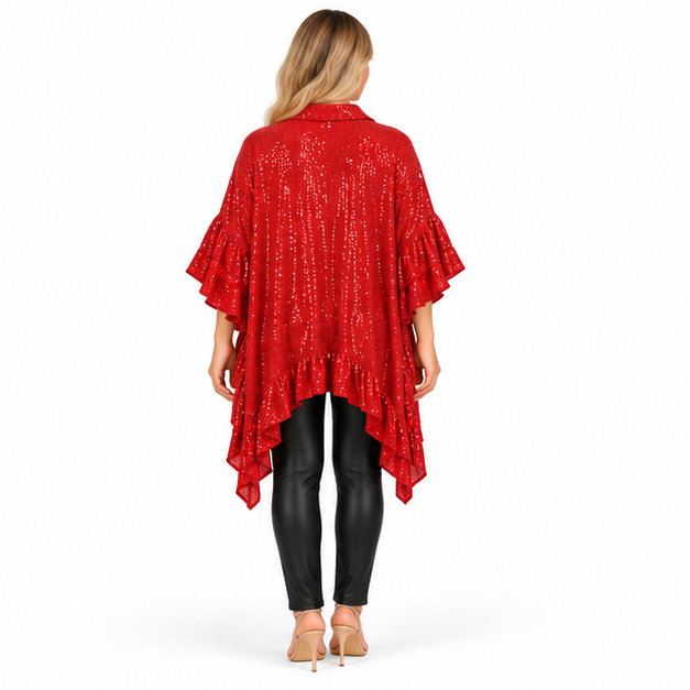 Elegant Red Sequin Ruffle Kaftan Top