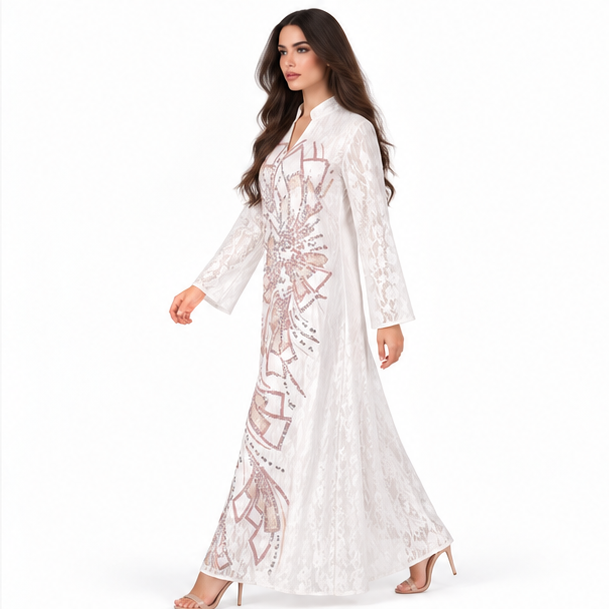 White Kaftan With Elegant Sequin Embroidery