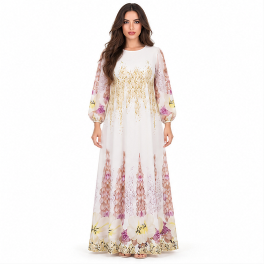 White Kaftan Elegant Floral Maxi Dress