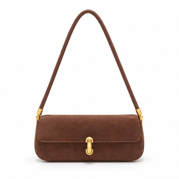 Elegant Brown Suede Shoulder Baguette Bag