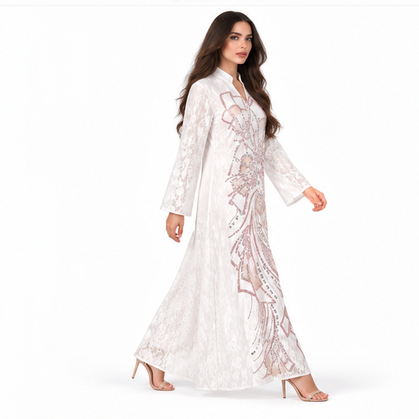 White Kaftan With Elegant Sequin Embroidery