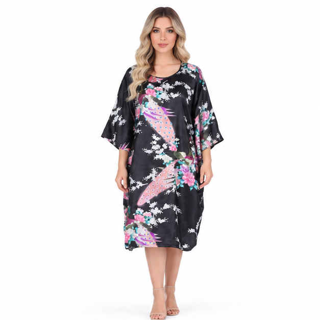 Elegant Black Floral Peacock Kaftan Top