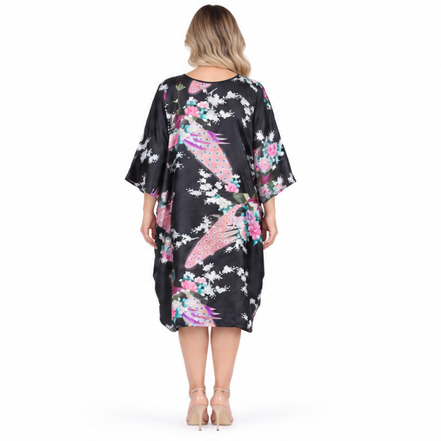 Elegant Black Floral Peacock Kaftan Top