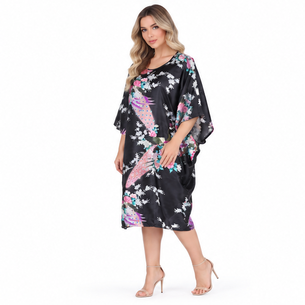 Elegant Black Floral Peacock Kaftan Top