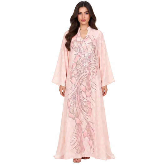 Elegant Blush Pink Embroidered Sequin Kaftan